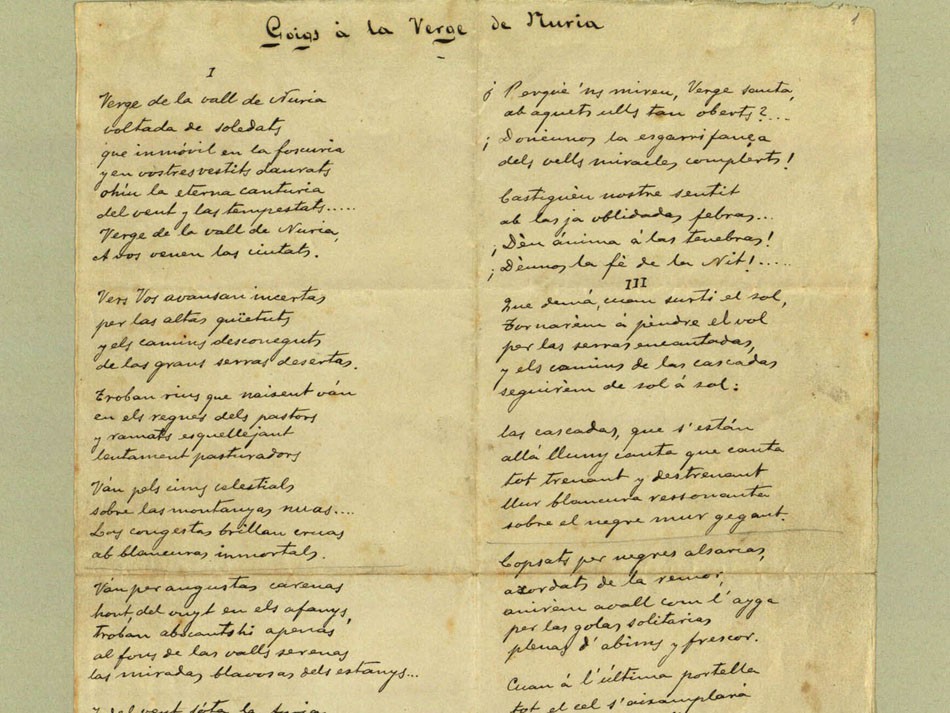 Manuscrit autògraf del poema “Goigs a la Verge de Núria”